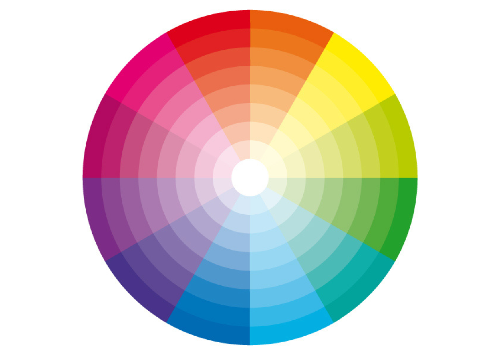 Na imagem, sobre fundo branco, está o desenho de um círculo cromático, que é uma paleta em forma de círculo com as três cores primárias, as cores secundárias e terciárias.