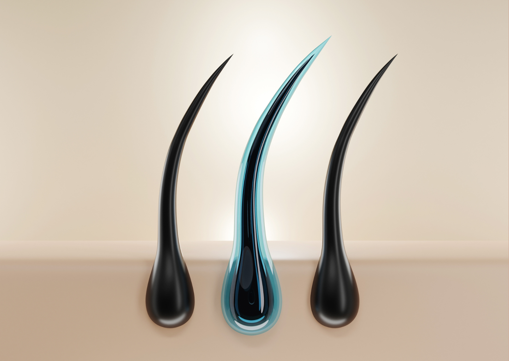 Exemplificando o processo de ação da nova linha Hydra Hair Therapy de Mutari Pro, a ilustração mostra em detalhes e zoom, três fios de cabelo presos ao couro cabeludo, sendo que o do meio está com uma camada protetora azul, representando a reposição hídrica.